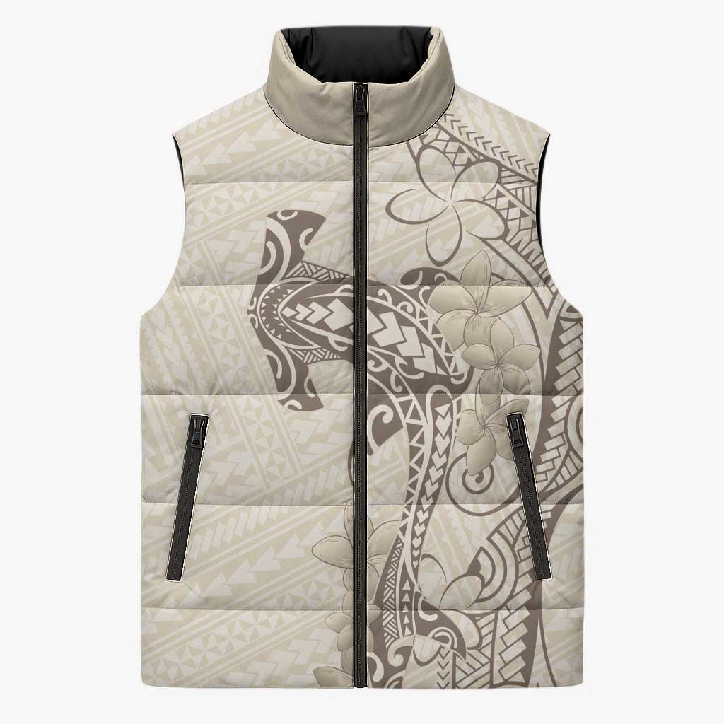 Beige Hawaii Sleeveless Puffer Jacket Hammerhead Shark Tattoo Curve Polynesian LT14 Unisex Beige - Polynesian Pride