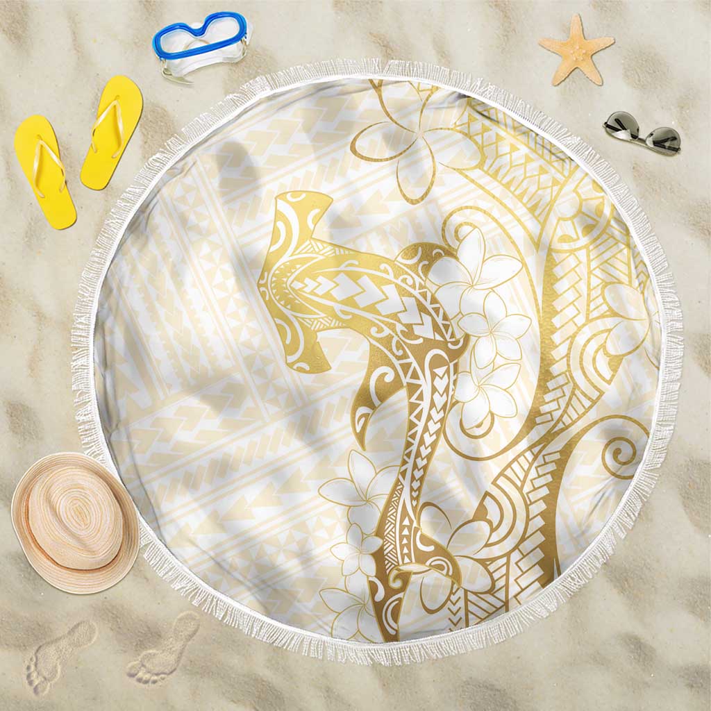 Gold and White Hawaii Beach Blanket Hammerhead Shark Tattoo Curve Polynesian LT14 One Size 150cm White - Polynesian Pride