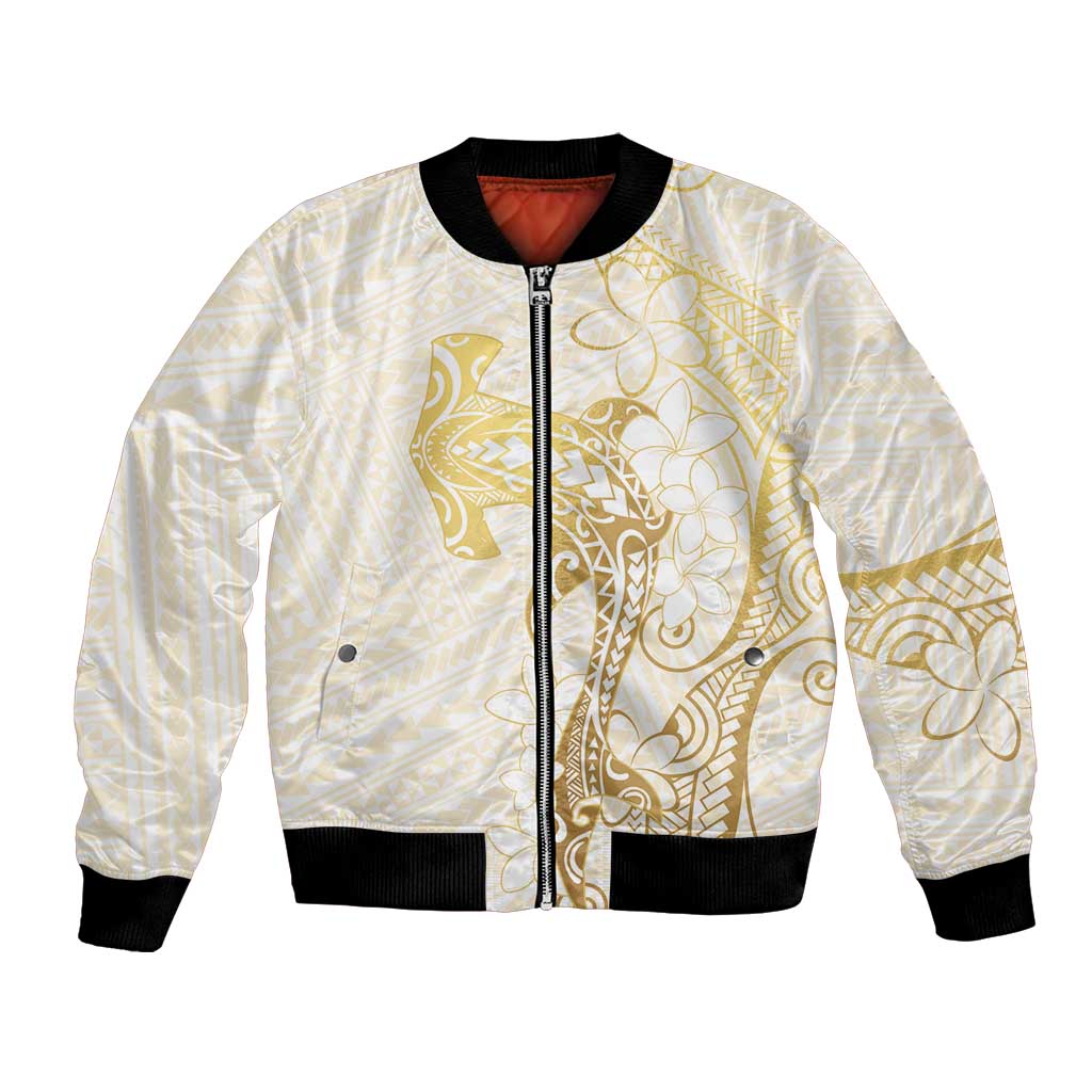 Gold and White Hawaii Bomber Jacket Hammerhead Shark Tattoo Curve Polynesian LT14 Unisex White - Polynesian Pride