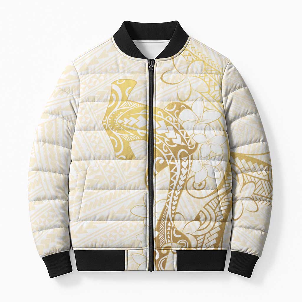 Gold and White Hawaii Bomber Puffer Jacket Hammerhead Shark Tattoo Curve Polynesian LT14 Unisex White - Polynesian Pride