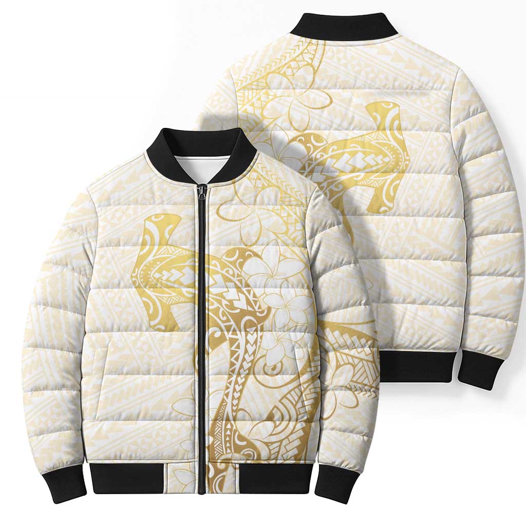 Gold and White Hawaii Bomber Puffer Jacket Hammerhead Shark Tattoo Curve Polynesian LT14 - Polynesian Pride