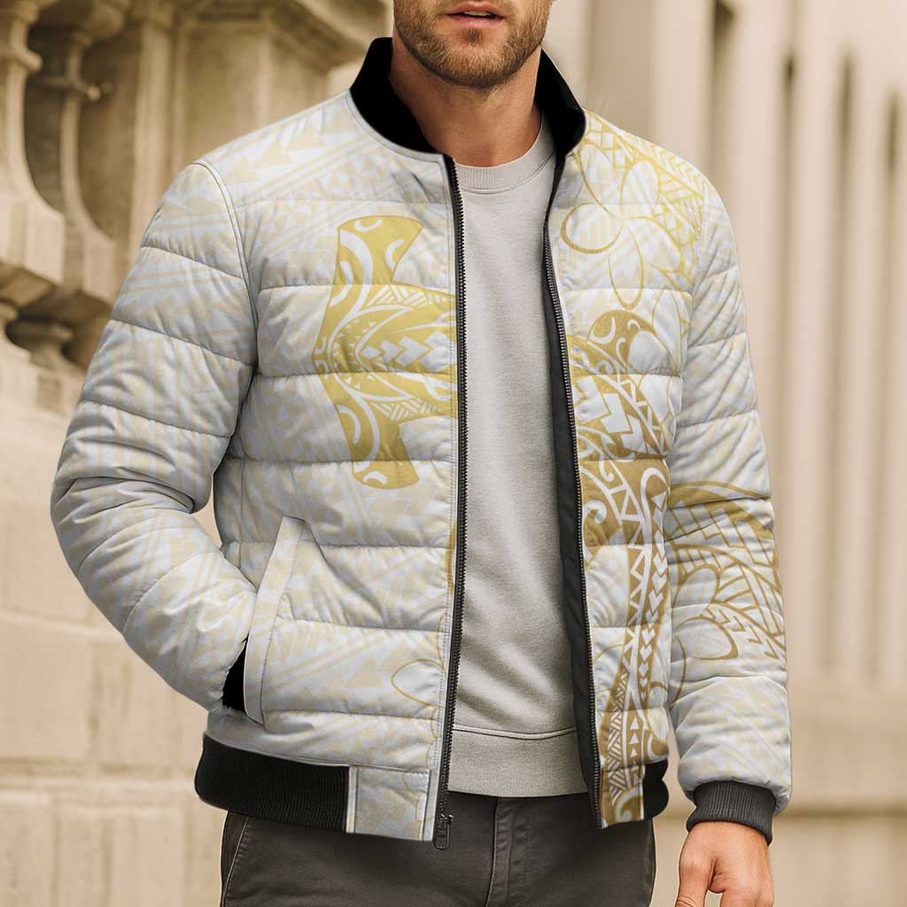 Gold and White Hawaii Bomber Puffer Jacket Hammerhead Shark Tattoo Curve Polynesian LT14 - Polynesian Pride