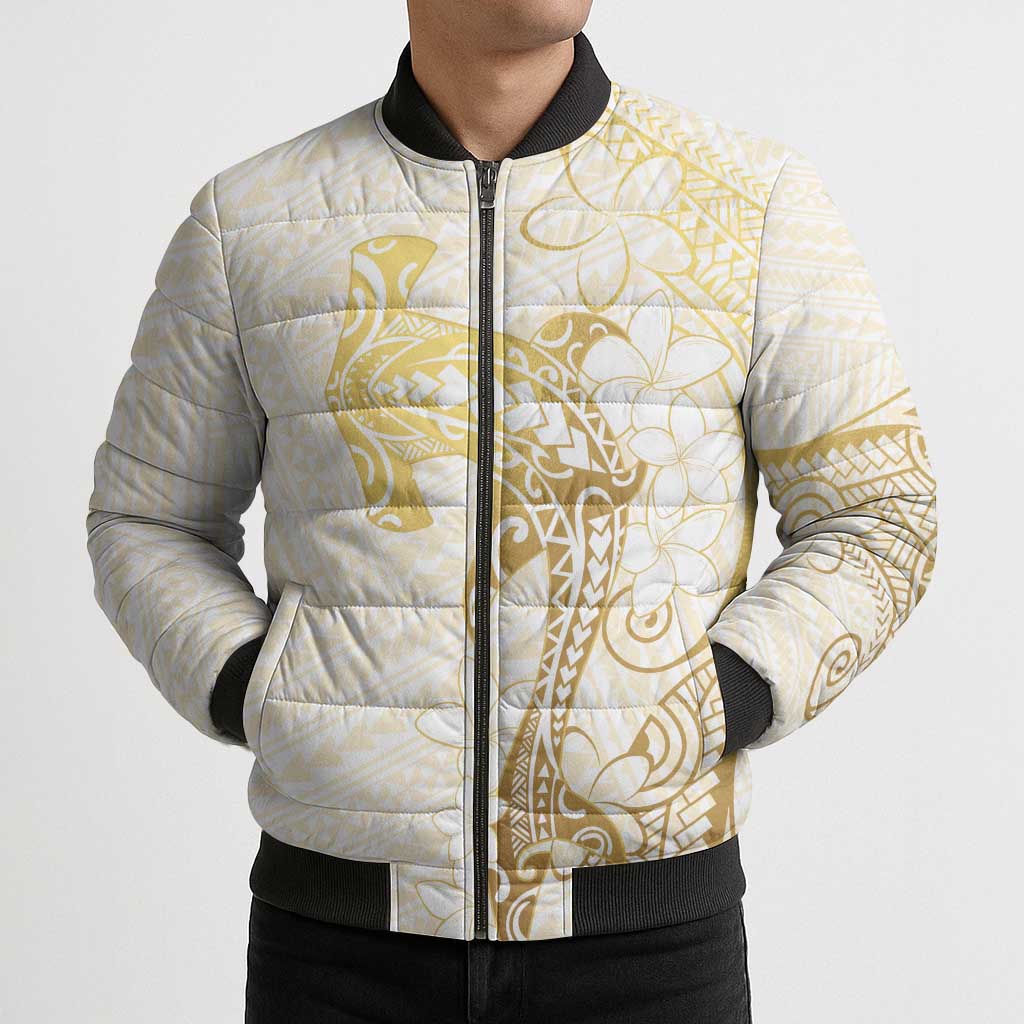 Gold and White Hawaii Bomber Puffer Jacket Hammerhead Shark Tattoo Curve Polynesian LT14 - Polynesian Pride