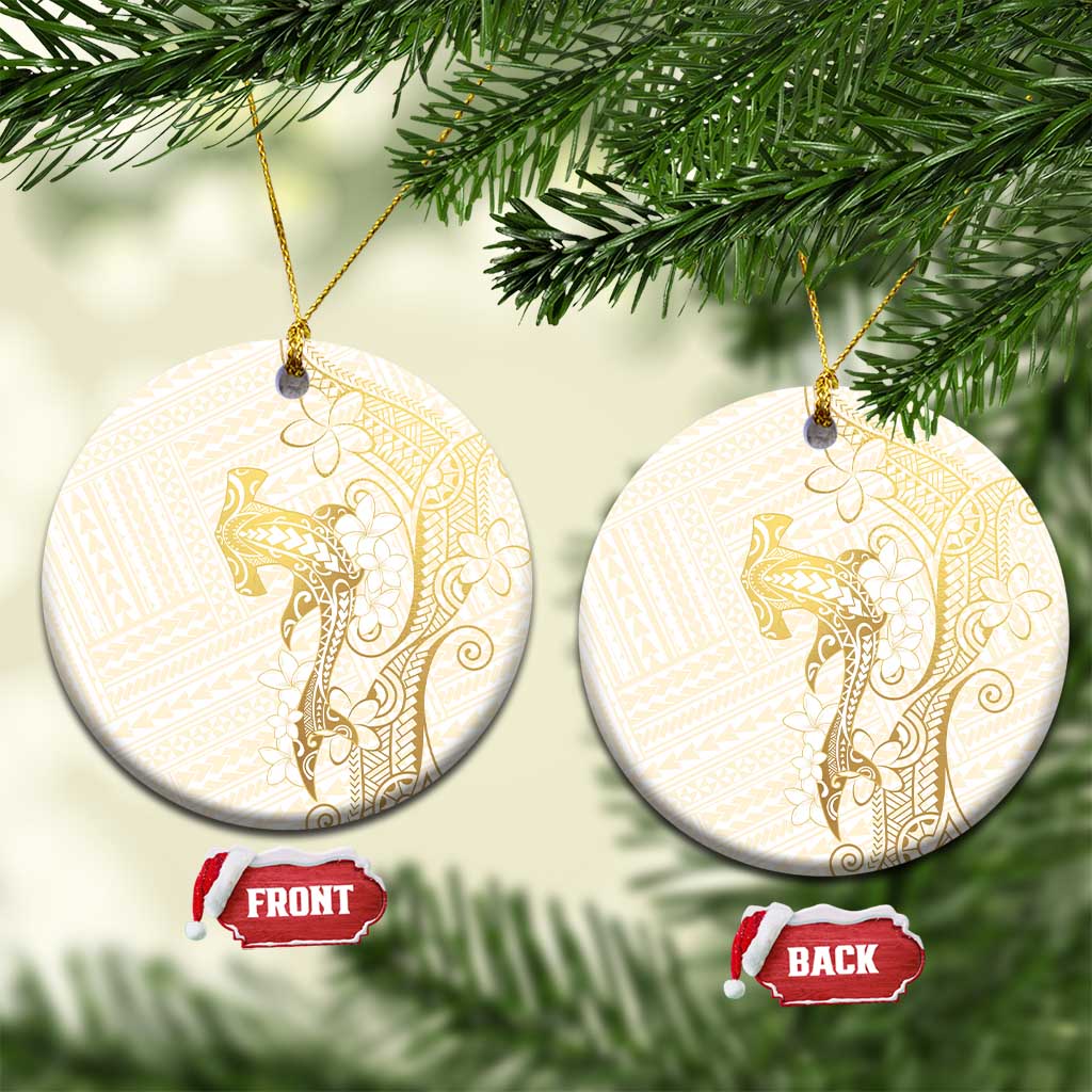 Gold and White Hawaii Ceramic Ornament Hammerhead Shark Tattoo Curve Polynesian LT14 Circle White - Polynesian Pride