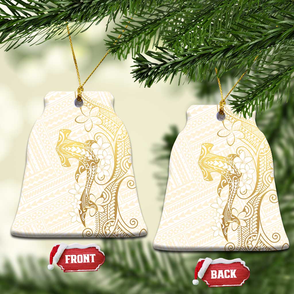 Gold and White Hawaii Ceramic Ornament Hammerhead Shark Tattoo Curve Polynesian LT14 Bell Flake White - Polynesian Pride