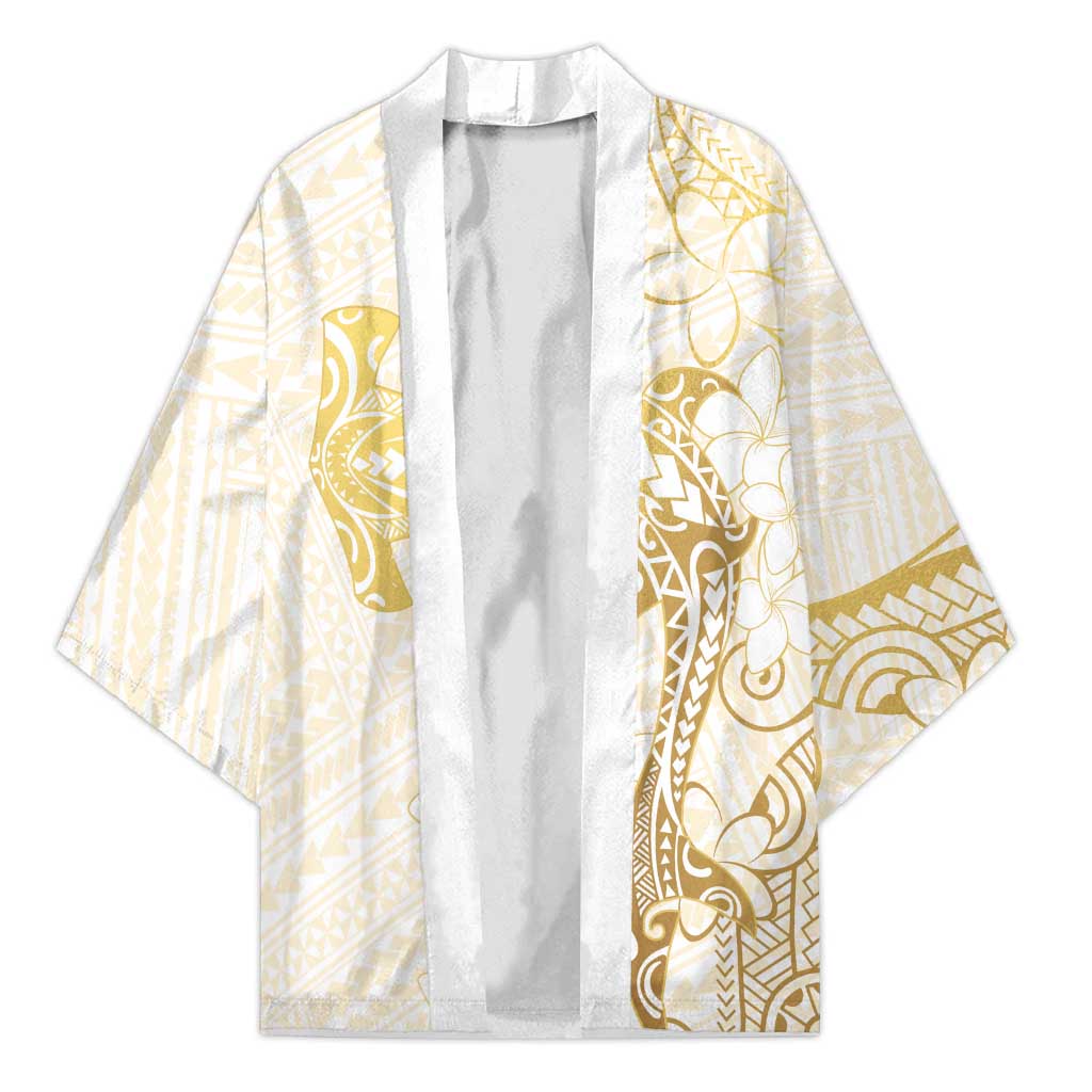 Gold and White Hawaii Kimono Hammerhead Shark Tattoo Curve Polynesian LT14 Unisex White - Polynesian Pride