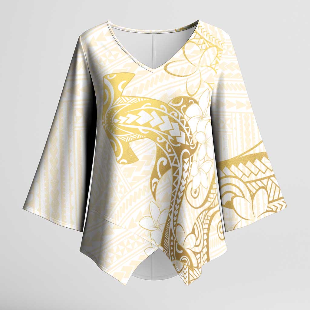 Gold and White Hawaii Kimono Sleeve Blouse Hammerhead Shark Tattoo Curve Polynesian LT14 Female White - Polynesian Pride