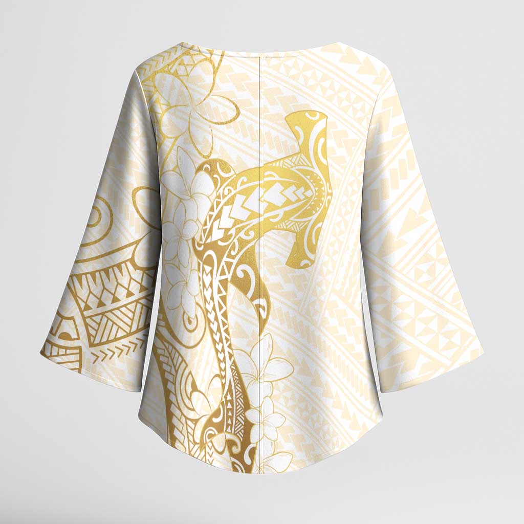Gold and White Hawaii Kimono Sleeve Blouse Hammerhead Shark Tattoo Curve Polynesian LT14 - Polynesian Pride