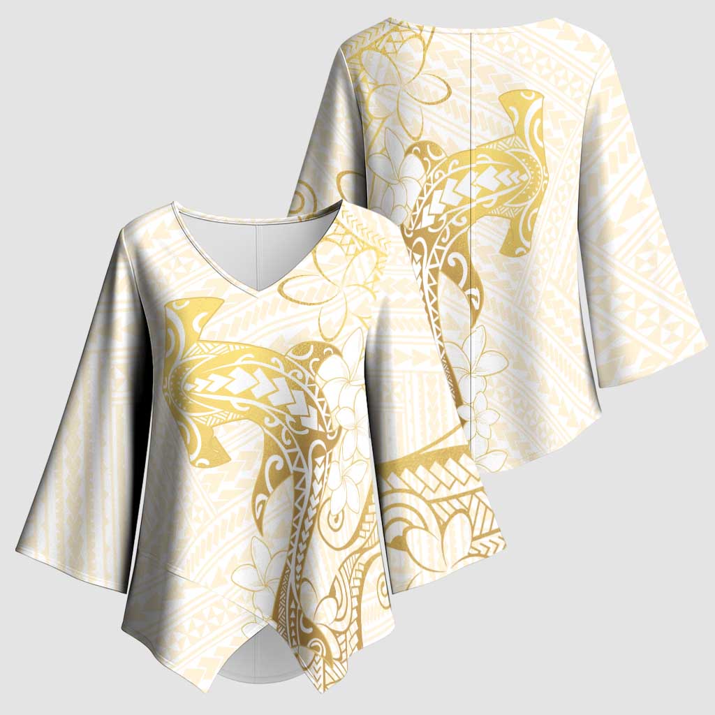 Gold and White Hawaii Kimono Sleeve Blouse Hammerhead Shark Tattoo Curve Polynesian LT14 - Polynesian Pride