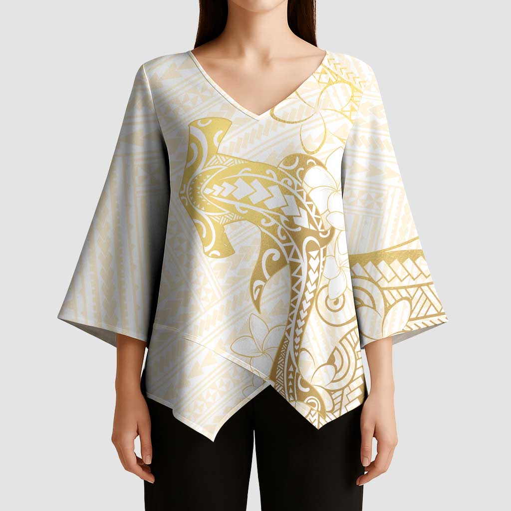 Gold and White Hawaii Kimono Sleeve Blouse Hammerhead Shark Tattoo Curve Polynesian LT14 - Polynesian Pride