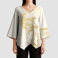 Gold and White Hawaii Kimono Sleeve Blouse Hammerhead Shark Tattoo Curve Polynesian LT14 - Polynesian Pride