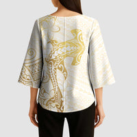 Gold and White Hawaii Kimono Sleeve Blouse Hammerhead Shark Tattoo Curve Polynesian LT14 - Polynesian Pride