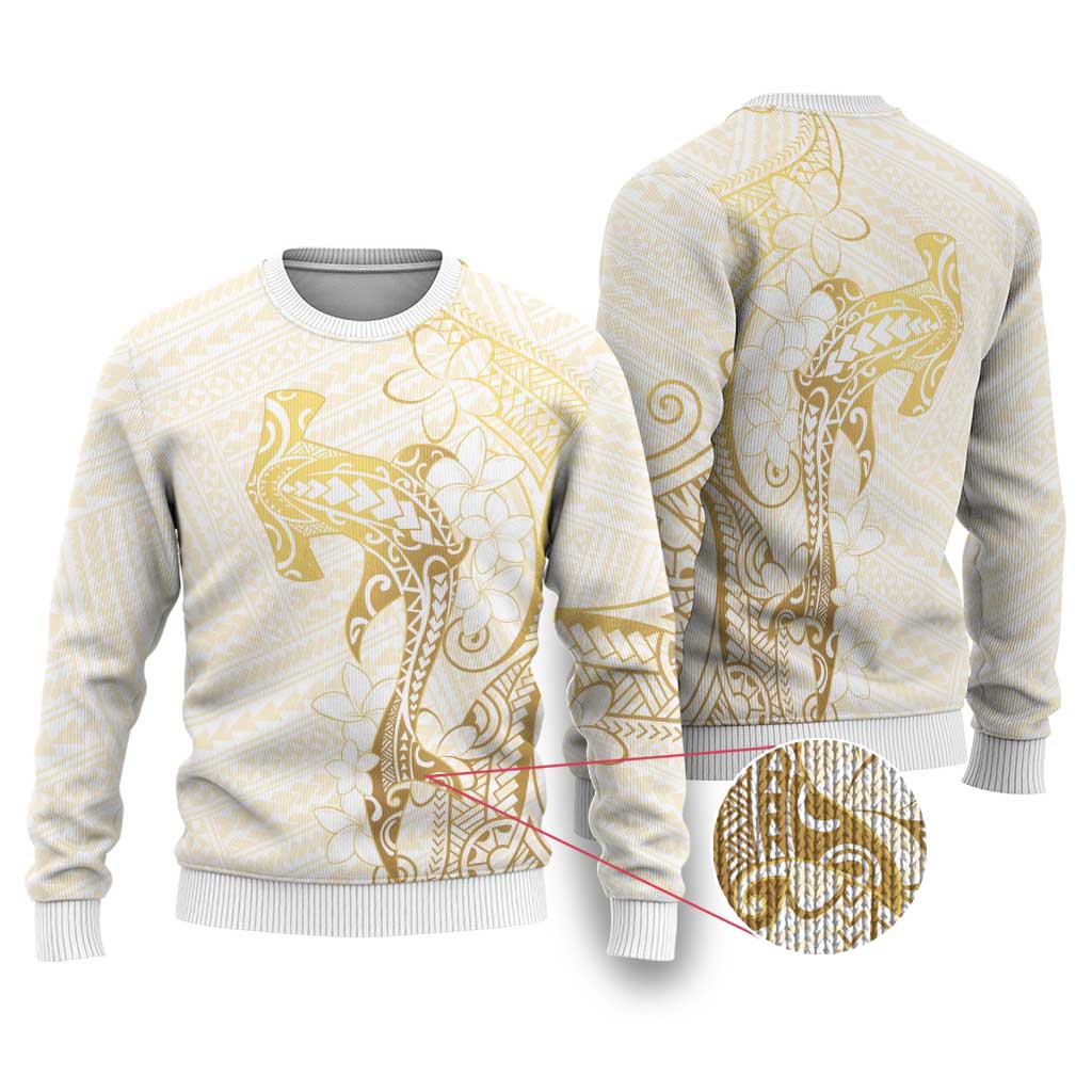 Gold and White Hawaii Ugly Christmas Sweater Hammerhead Shark Tattoo Curve Polynesian LT14 White - Polynesian Pride