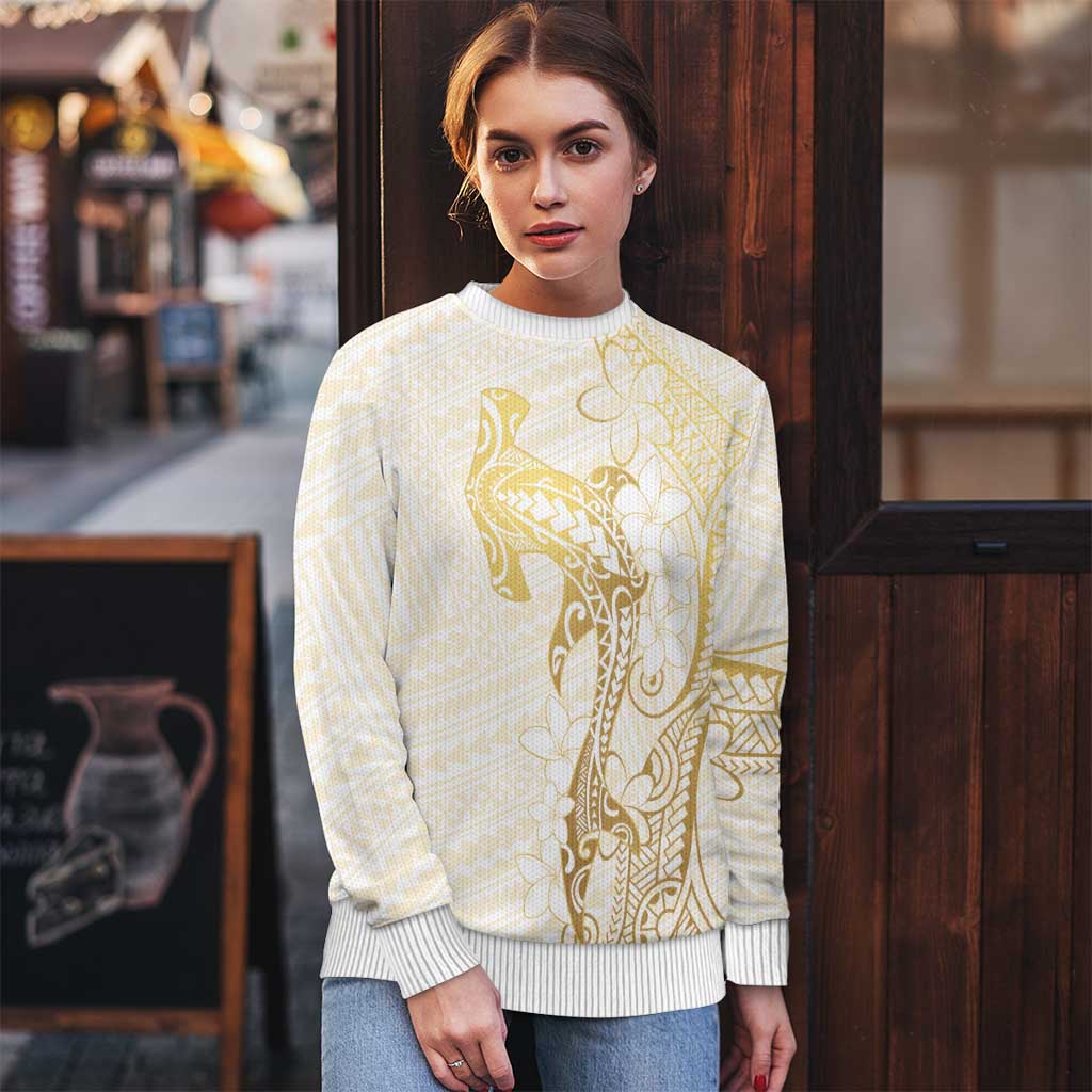 Gold and White Hawaii Ugly Christmas Sweater Hammerhead Shark Tattoo Curve Polynesian LT14 - Polynesian Pride