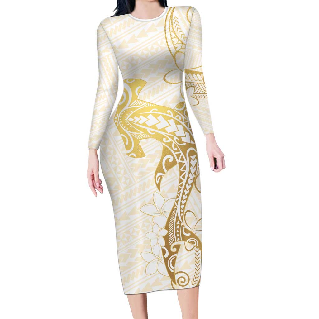 Gold and White Hawaii Long Sleeve Bodycon Dress Hammerhead Shark Tattoo Curve Polynesian LT14 Long Dress White - Polynesian Pride