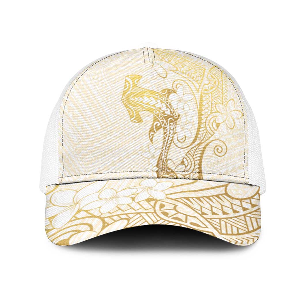 Gold and White Hawaii Mesh Trucker Cap Hammerhead Shark Tattoo Curve Polynesian LT14 One Size White White - Polynesian Pride