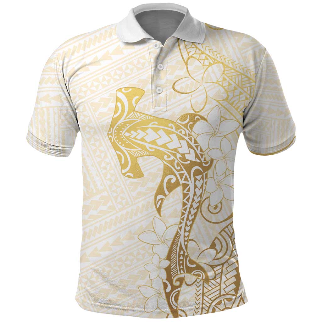 Gold and White Hawaii Polo Shirt Hammerhead Shark Tattoo Curve Polynesian LT14 White - Polynesian Pride
