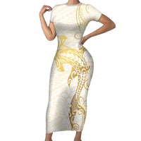Gold and White Hawaii Short Sleeve Bodycon Dress Hammerhead Shark Tattoo Curve Polynesian LT14 Long Dress White - Polynesian Pride