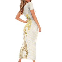 Gold and White Hawaii Short Sleeve Bodycon Dress Hammerhead Shark Tattoo Curve Polynesian LT14 - Polynesian Pride