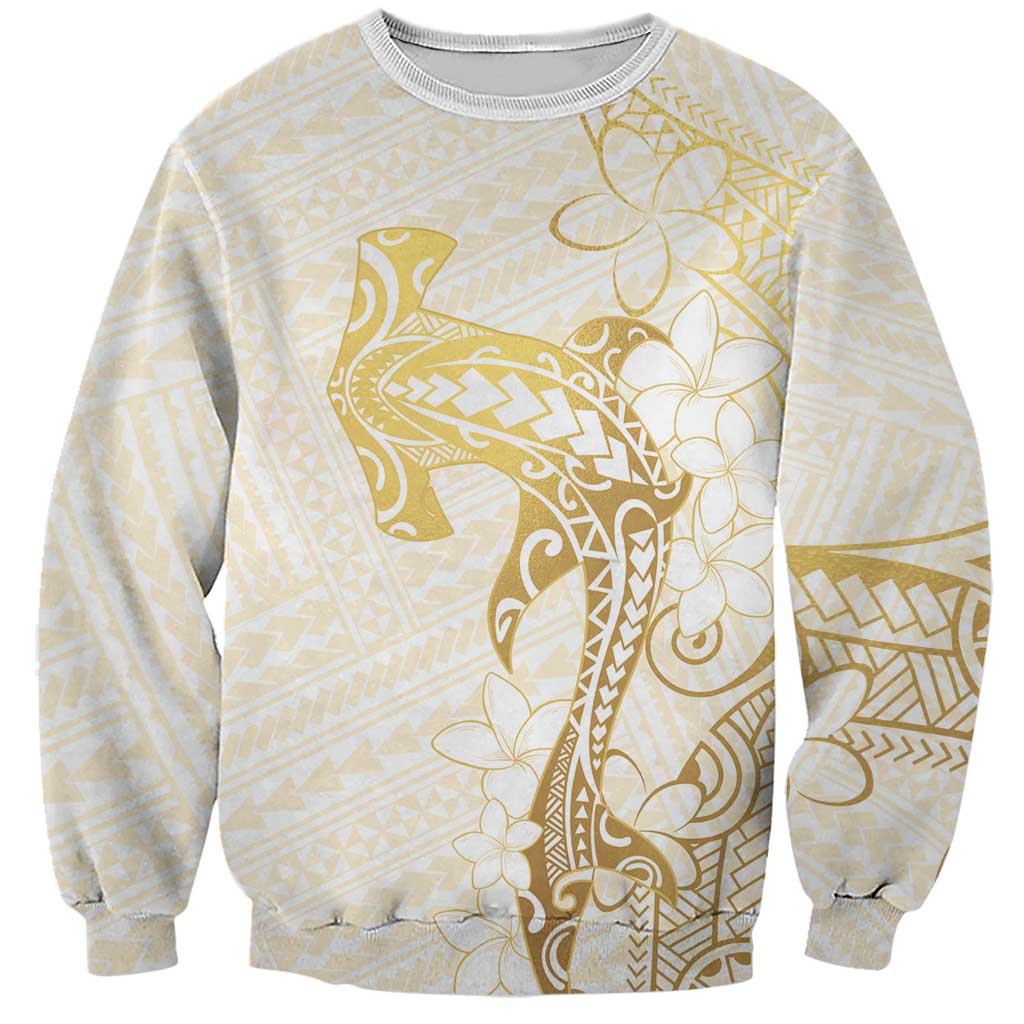Gold and White Hawaii Sweatshirt Hammerhead Shark Tattoo Curve Polynesian LT14 Unisex White - Polynesian Pride