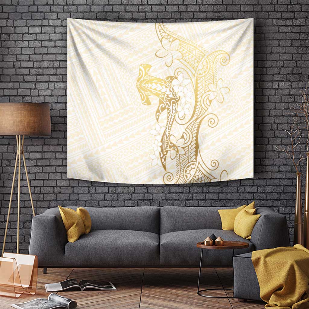 Gold and White Hawaii Tapestry Hammerhead Shark Tattoo Curve Polynesian LT14 White - Polynesian Pride