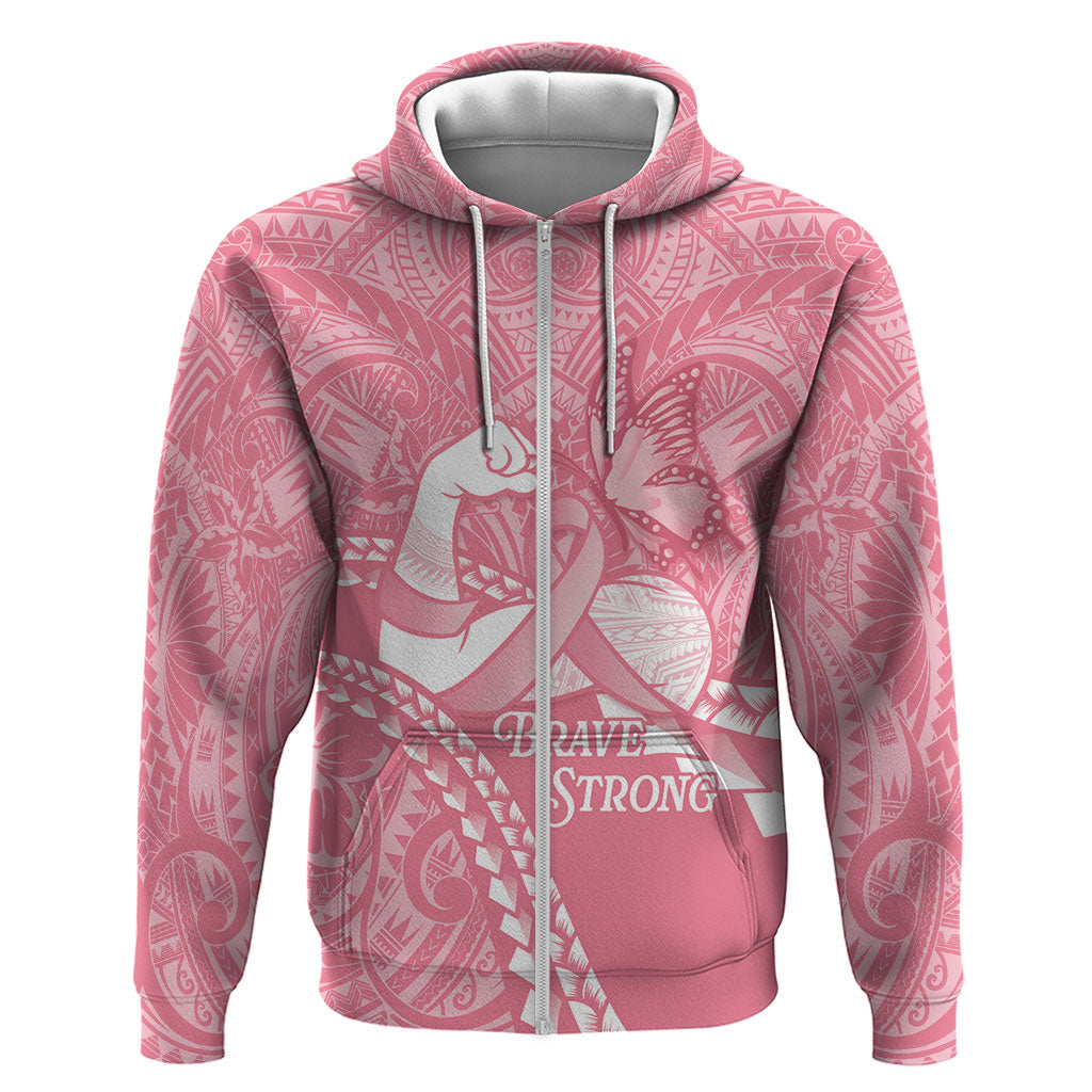 Personalised Polynesia Breast Cancer Awareness Hoodie Brave Strong Butterfly Pink Ribbon LT14 Zip Hoodie Pink - Polynesian Pride