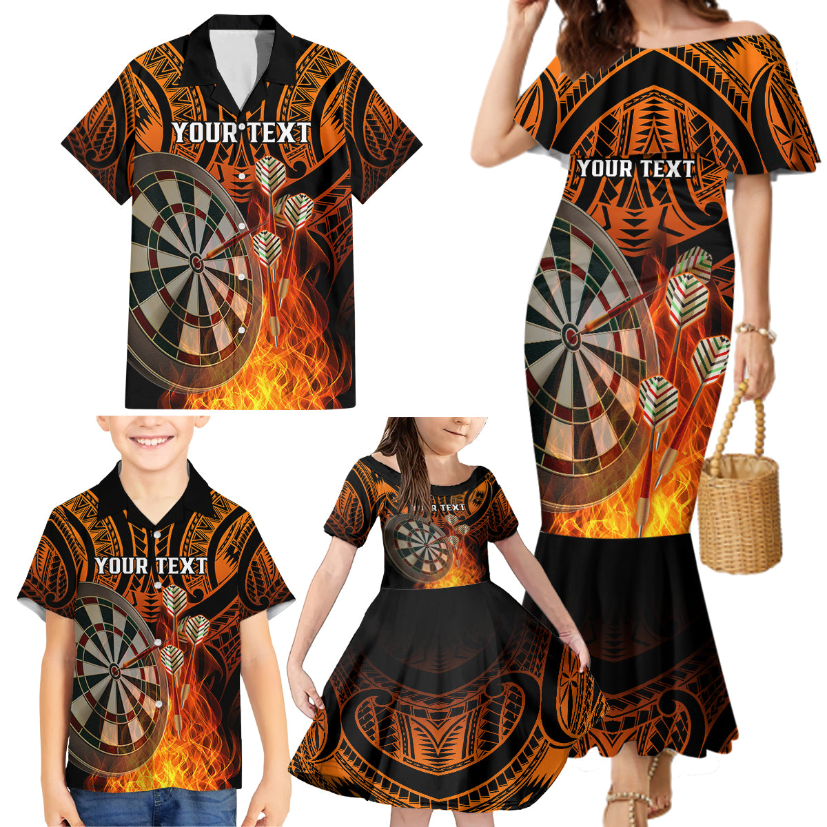 Personalised Polynesian Darts Family Matching Mermaid Dress and Hawaiian Shirt Fire Burning With Tribal Tattoo LT14 - Polynesian Pride