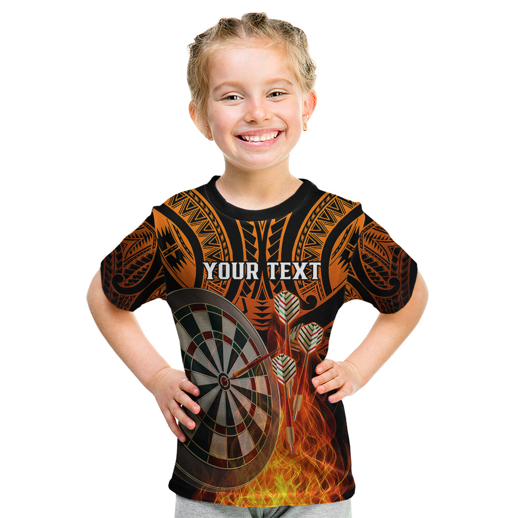 Personalised Polynesian Darts Kid T Shirt Fire Burning With Tribal Tattoo LT14 Orange - Polynesian Pride