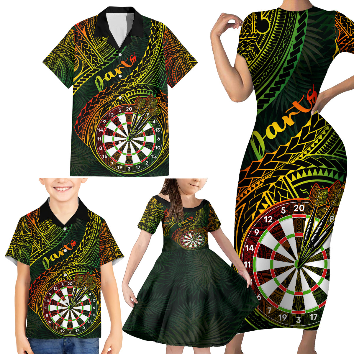 Personalised Polynesian Darts Family Matching Short Sleeve Bodycon Dress and Hawaiian Shirt Dart Lovers Tribal Pattern Mix Tropical Leaves LT14 - Polynesian Pride