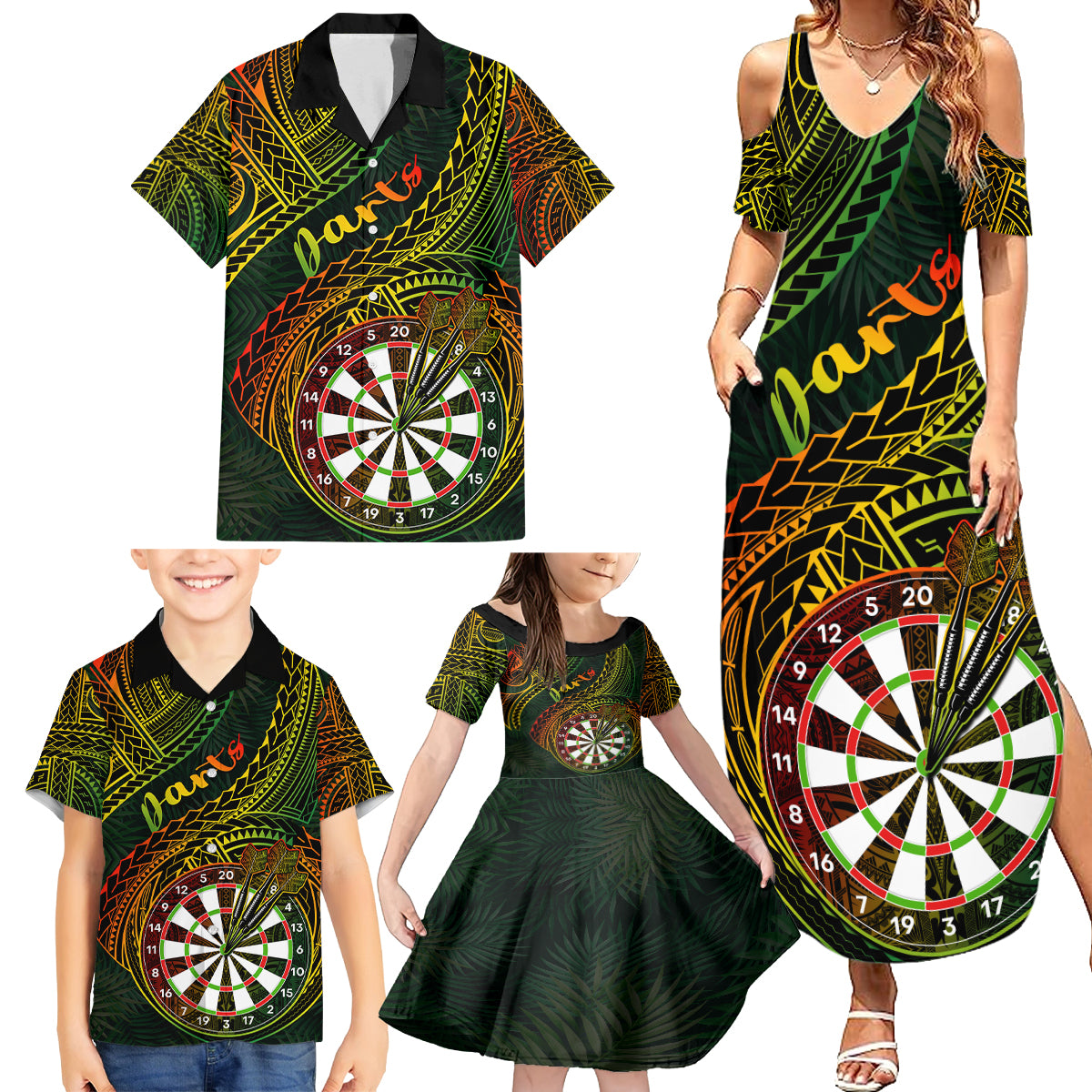 Personalised Polynesian Darts Family Matching Summer Maxi Dress and Hawaiian Shirt Dart Lovers Tribal Pattern Mix Tropical Leaves LT14 - Polynesian Pride