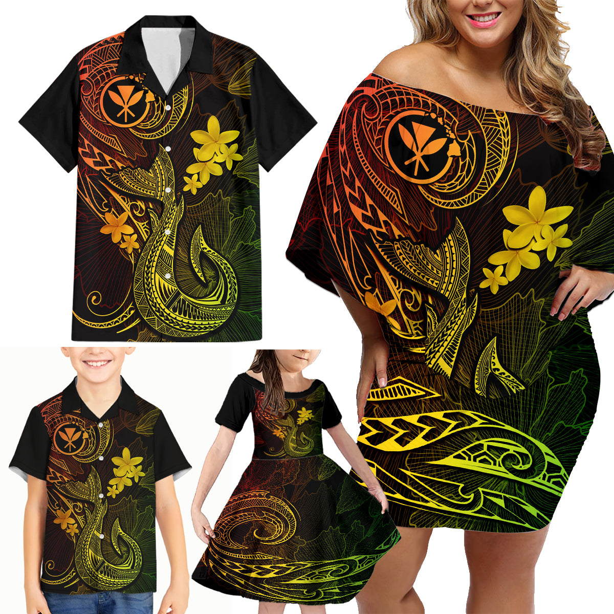 Hawaii Family Matching Off Shoulder Short Dress and Hawaiian Shirt Fish Hook Tattoo Mix Polynesian Plumeria Reggae Version LT14 - Polynesian Pride