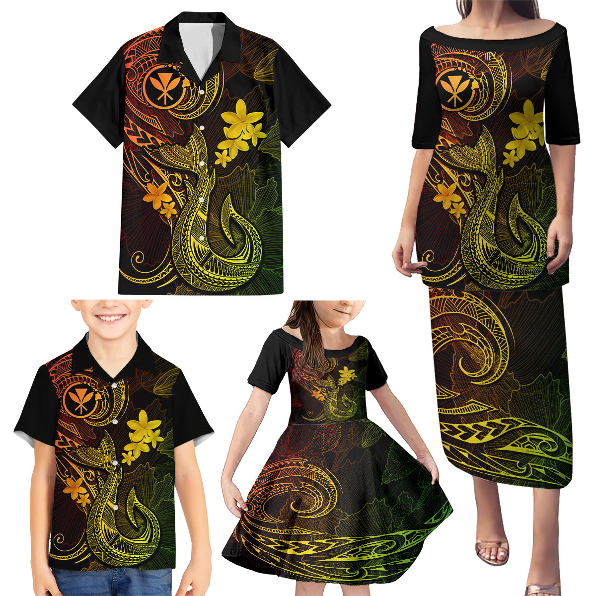 Hawaii Family Matching Puletasi Dress and Hawaiian Shirt Fish Hook Tattoo Mix Polynesian Plumeria Reggae Version LT14 - Polynesian Pride