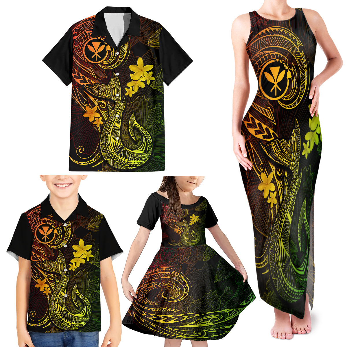 Hawaii Family Matching Tank Maxi Dress and Hawaiian Shirt Fish Hook Tattoo Mix Polynesian Plumeria Reggae Version LT14 - Polynesian Pride