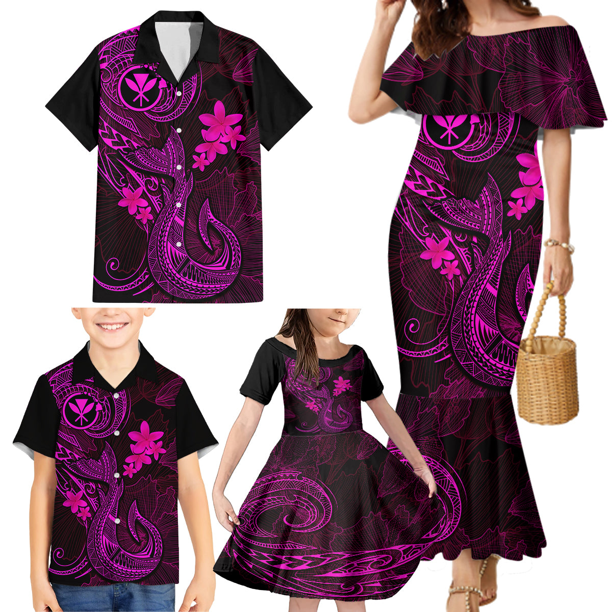 Hawaii Family Matching Mermaid Dress and Hawaiian Shirt Fish Hook Tattoo Mix Polynesian Plumeria Pink Version LT14 - Polynesian Pride