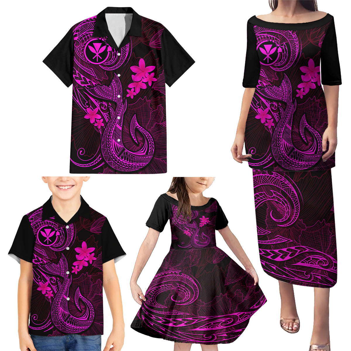 Hawaii Family Matching Puletasi Dress and Hawaiian Shirt Fish Hook Tattoo Mix Polynesian Plumeria Pink Version LT14 - Polynesian Pride