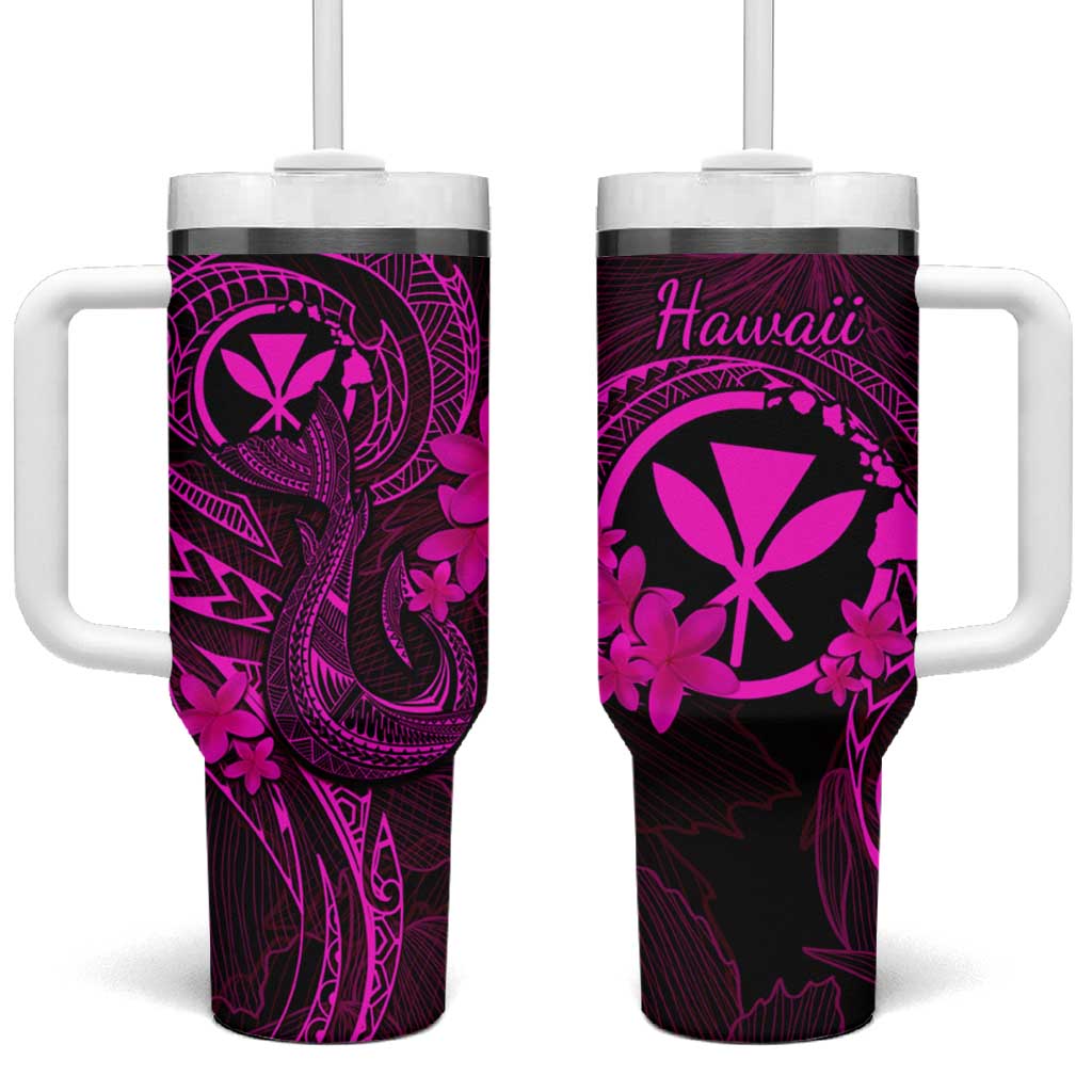 Hawaii Tumbler With Handle Fish Hook Tattoo Mix Polynesian Plumeria Pink Version LT14 One Size: 40 oz Pink - Polynesian Pride