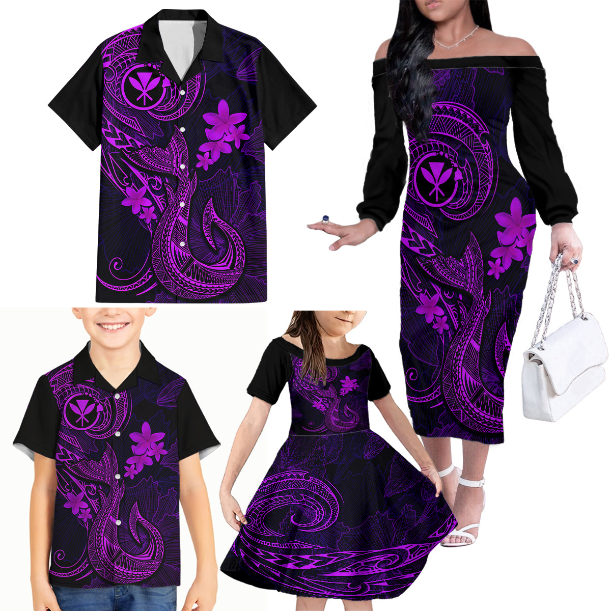 Hawaii Family Matching Off Shoulder Long Sleeve Dress and Hawaiian Shirt Fish Hook Tattoo Mix Polynesian Plumeria Purple Version LT14 - Polynesian Pride