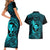 Hawaii Couples Matching Short Sleeve Bodycon Dress and Hawaiian Shirt Fish Hook Tattoo Mix Polynesian Plumeria Turquoise Version LT14 - Polynesian Pride