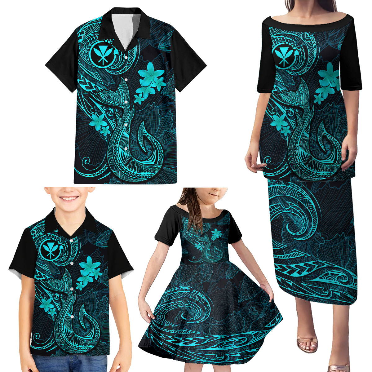 Hawaii Family Matching Puletasi Dress and Hawaiian Shirt Fish Hook Tattoo Mix Polynesian Plumeria Turquoise Version LT14 - Polynesian Pride