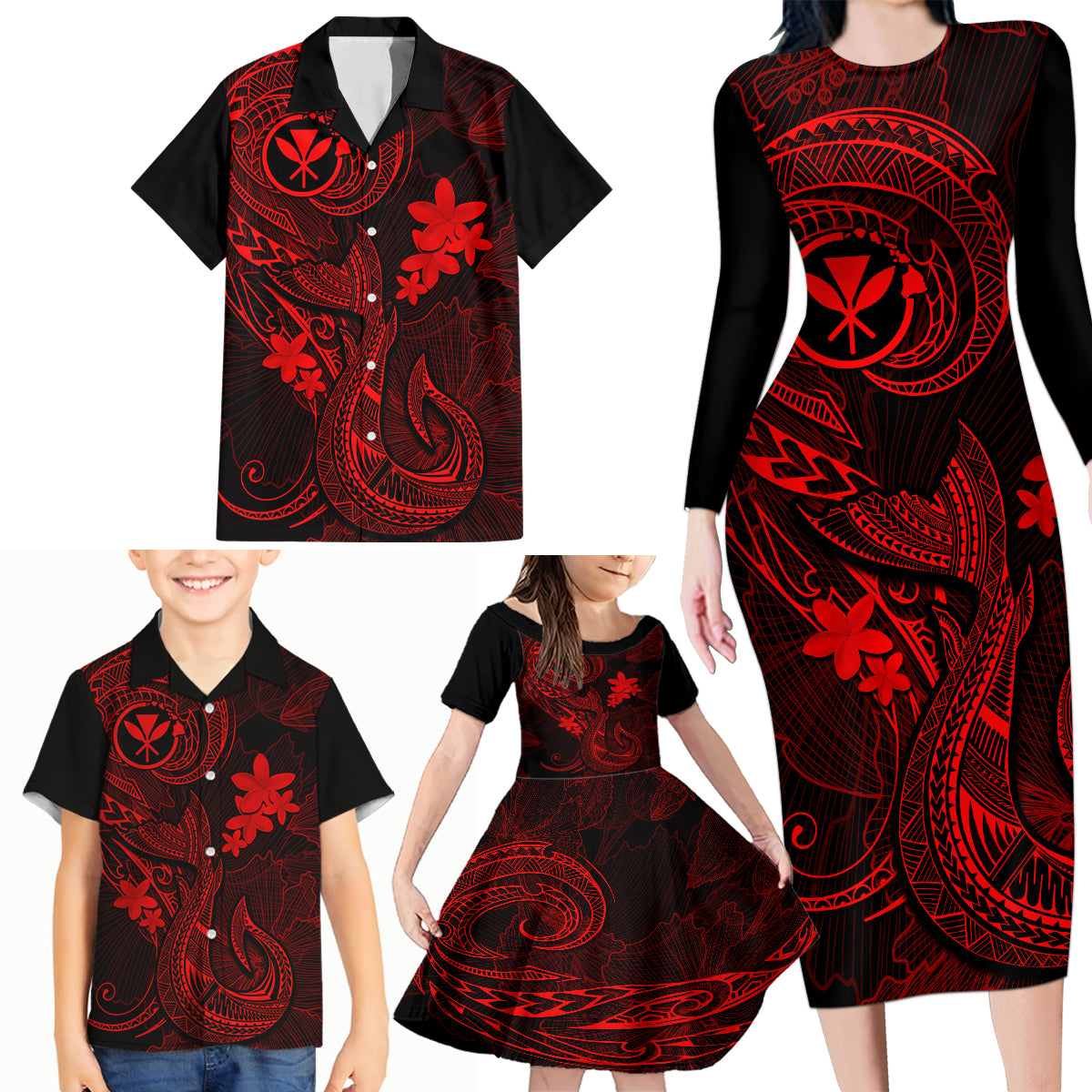 Hawaii Family Matching Long Sleeve Bodycon Dress and Hawaiian Shirt Fish Hook Tattoo Mix Polynesian Plumeria Red Version LT14 - Polynesian Pride