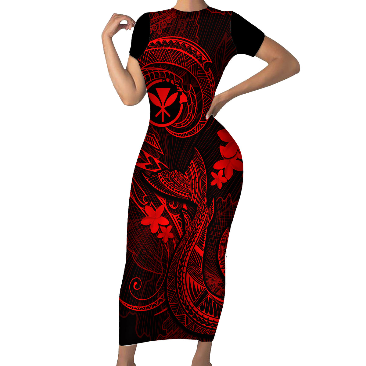 Hawaii Short Sleeve Bodycon Dress Fish Hook Tattoo Mix Polynesian Plumeria Red Version LT14 Long Dress Red - Polynesian Pride
