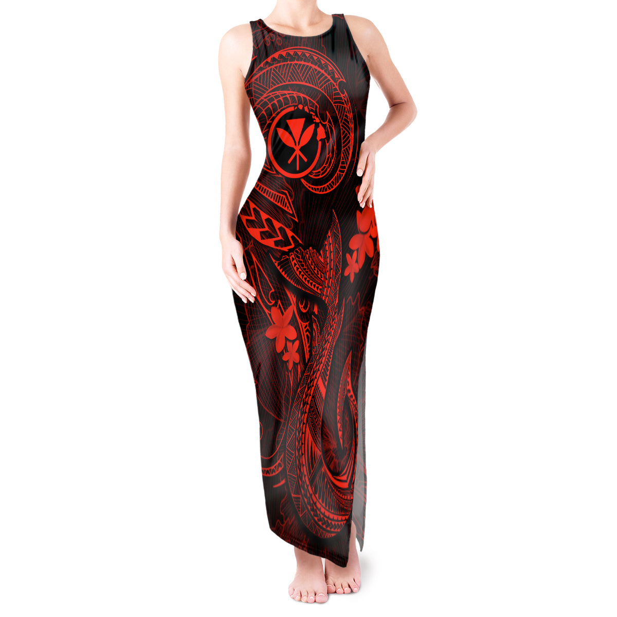 Hawaii Tank Maxi Dress Fish Hook Tattoo Mix Polynesian Plumeria Red Version LT14 Women Red - Polynesian Pride