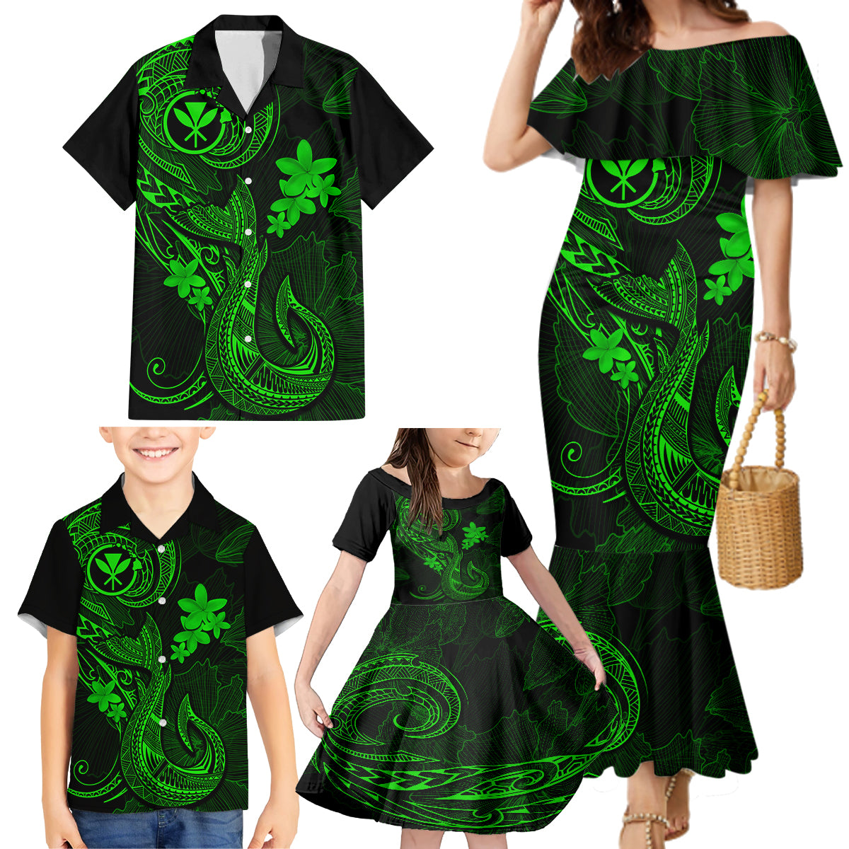 Hawaii Family Matching Mermaid Dress and Hawaiian Shirt Fish Hook Tattoo Mix Polynesian Plumeria Green Version LT14 - Polynesian Pride