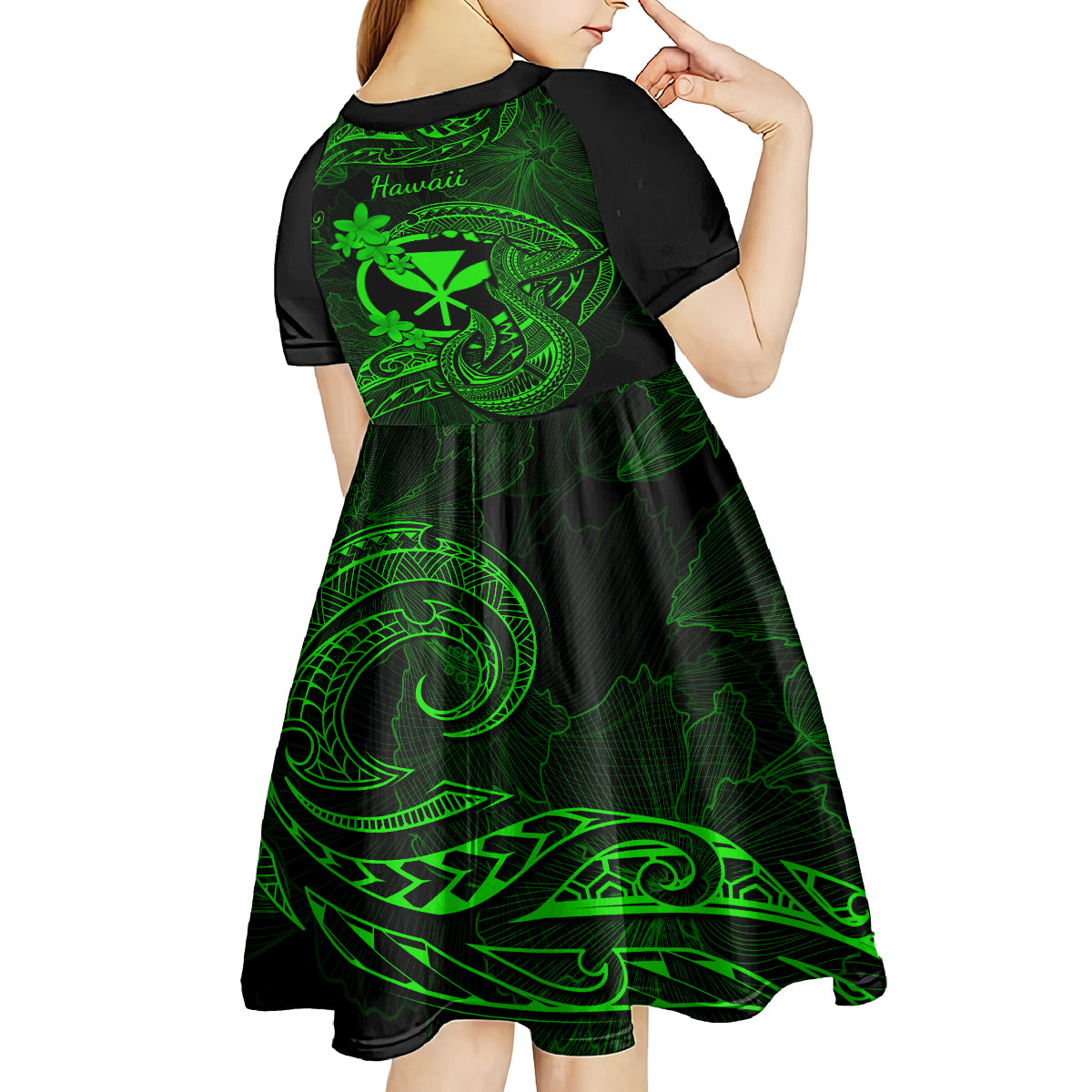 Hawaii Kid Short Sleeve Dress Fish Hook Tattoo Mix Polynesian Plumeria Green Version LT14 - Polynesian Pride