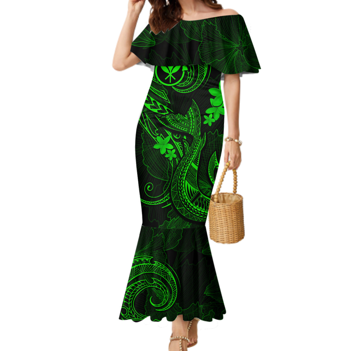 Polynesian Mermaid Dress | Mermaid Hawaiian Style Long Dress | Off shoulder 2024 Mermaid Dress