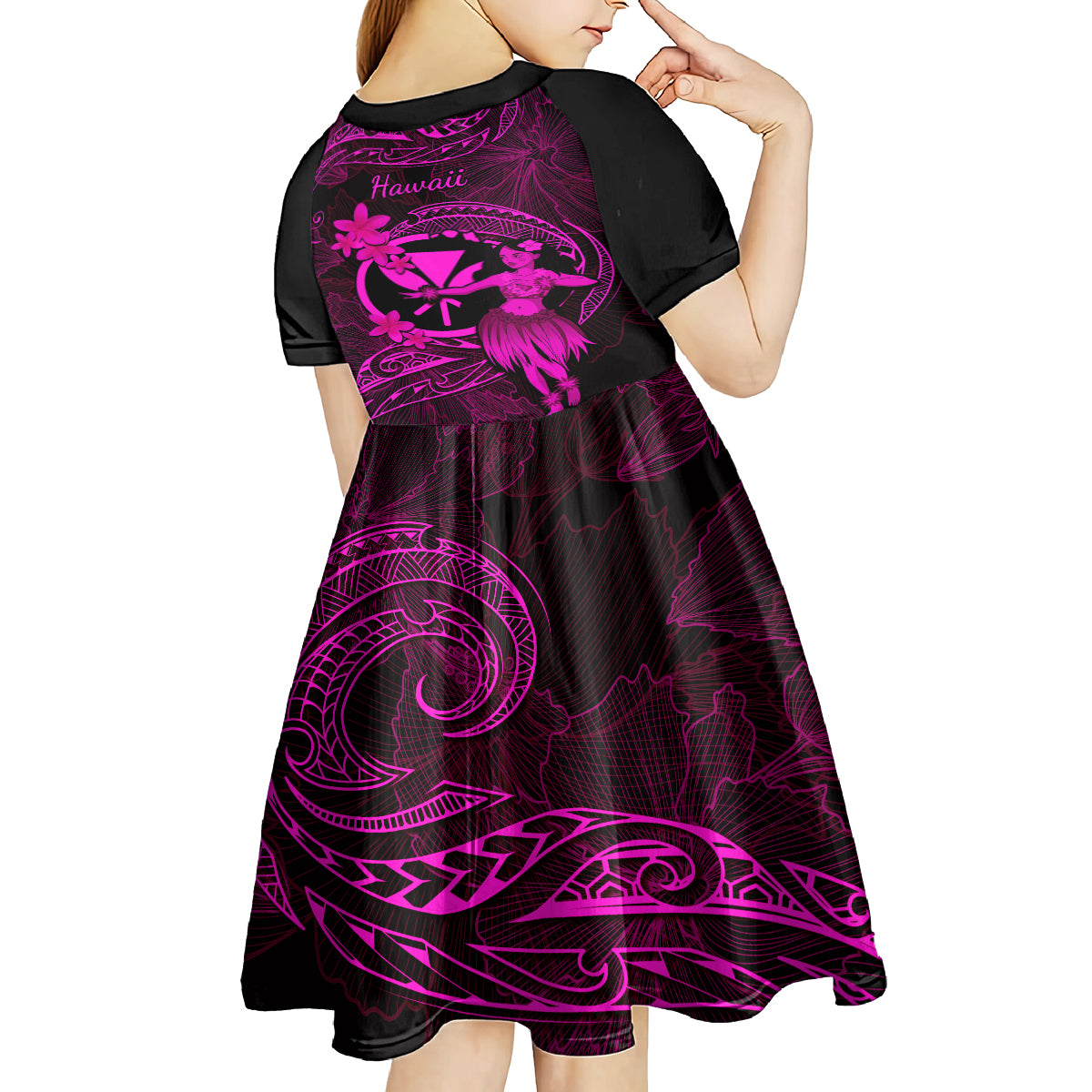 Hawaii Kid Short Sleeve Dress Hula Girl Mix Polynesian Plumeria Pink Version LT14 - Polynesian Pride