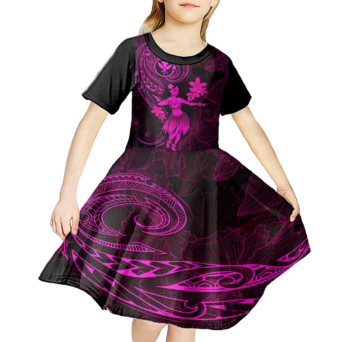 Hawaii Kid Short Sleeve Dress Hula Girl Mix Polynesian Plumeria Pink Version LT14 - Polynesian Pride