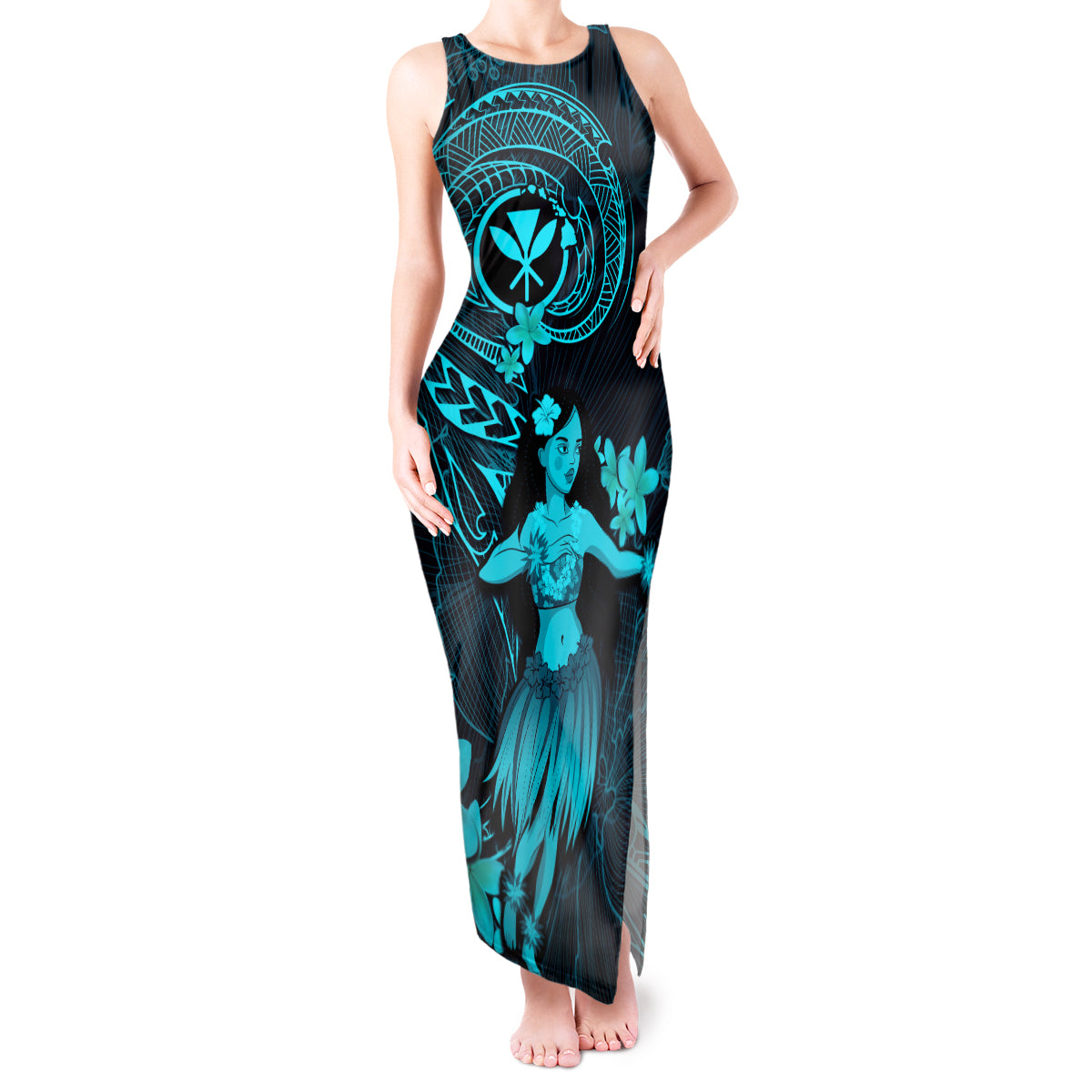 Hawaii Tank Maxi Dress Hula Girl Mix Polynesian Plumeria Turquoise Version LT14 Women Turquoise - Polynesian Pride