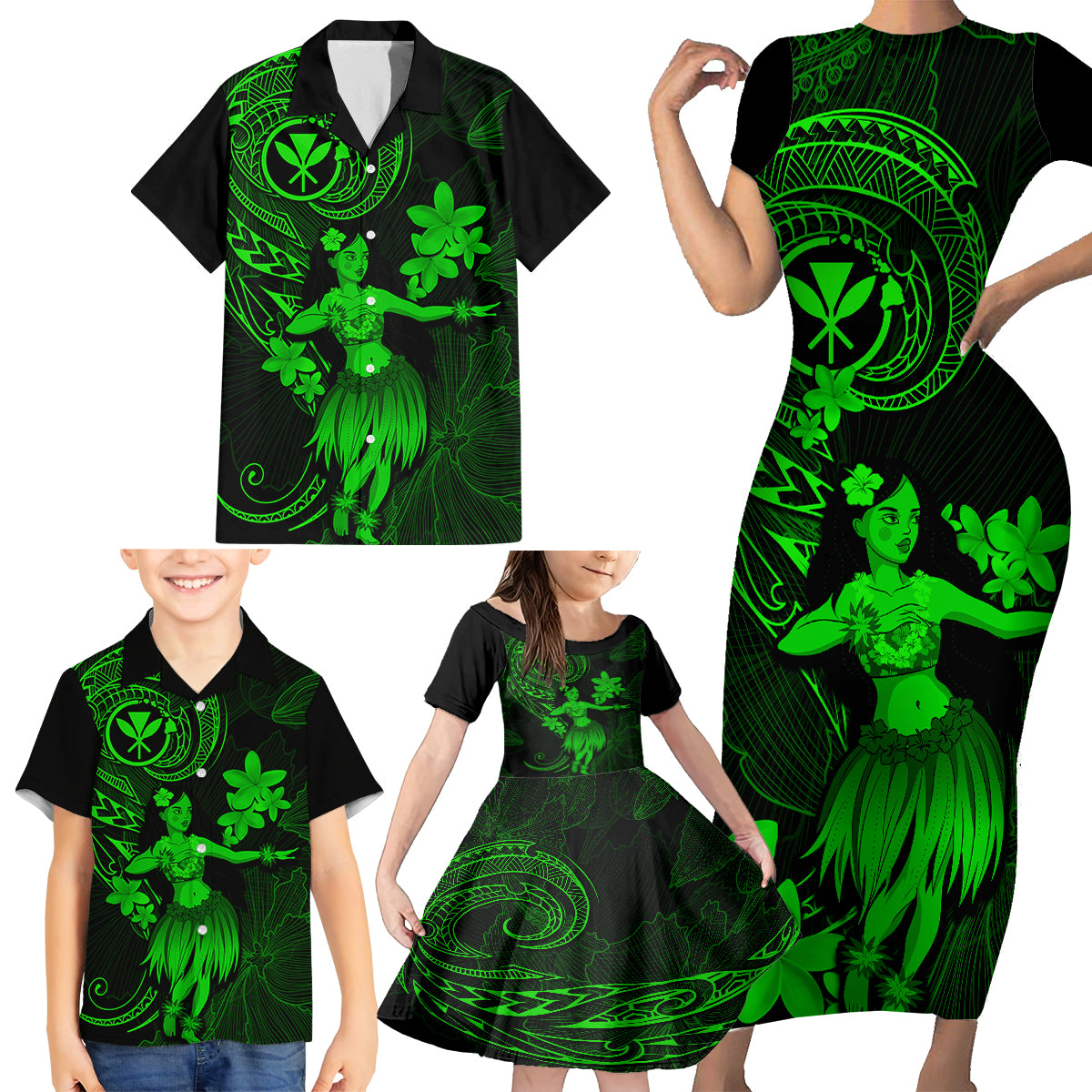 Hawaii Family Matching Short Sleeve Bodycon Dress and Hawaiian Shirt Hula Girl Mix Polynesian Plumeria Green Version LT14 - Polynesian Pride