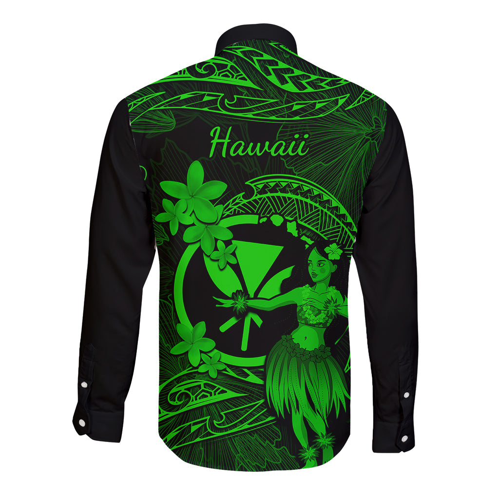 Hawaii Long Sleeve Button Shirt Hula Girl Mix Polynesian Plumeria Green Version LT14 - Polynesian Pride